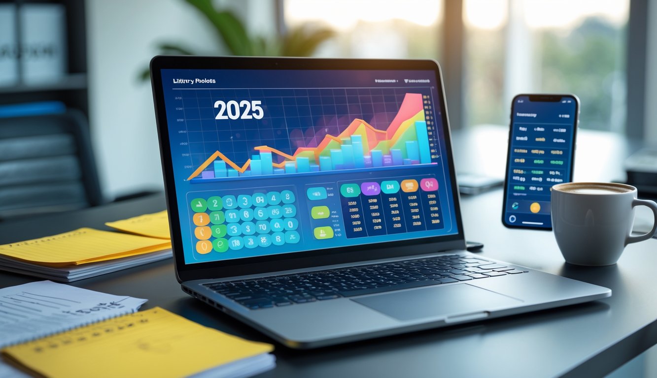 Meja kerja modern dengan laptop yang menampilkan grafik dan statistik angka togel, telepon pintar dengan aplikasi togel, dan secangkir kopi di lingkungan kantor yang terang.