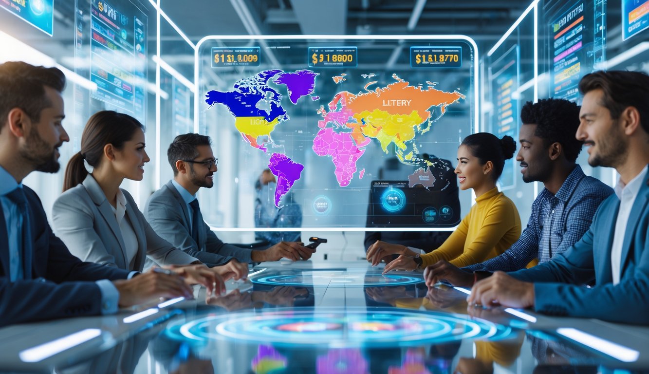 Sekelompok orang beragam sedang menggunakan layar digital transparan dengan grafik dan peta dunia di ruang kantor modern.