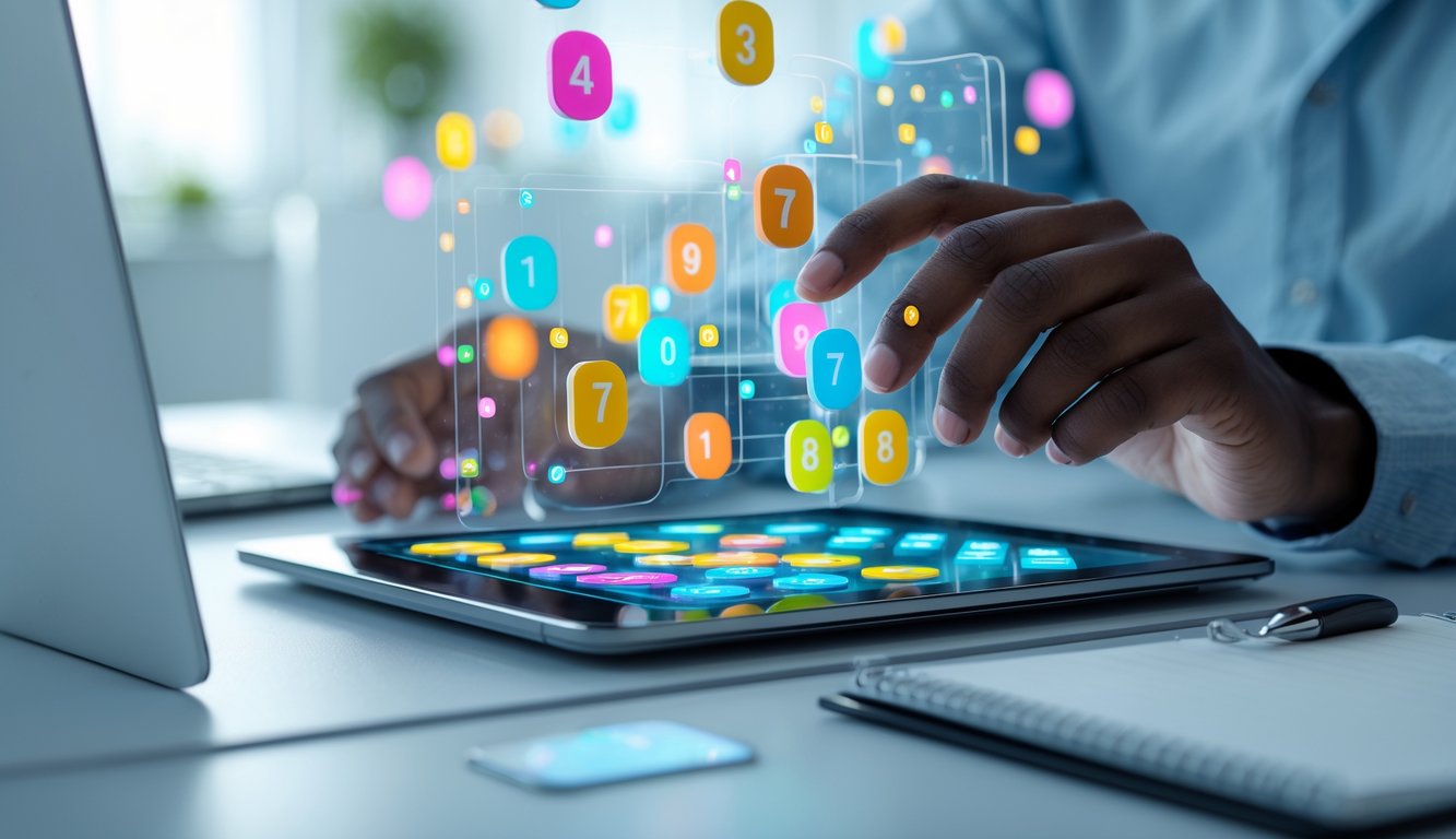 Tangan seseorang menggunakan layar sentuh transparan dengan angka-angka lotere berwarna-warni di latar kantor modern.