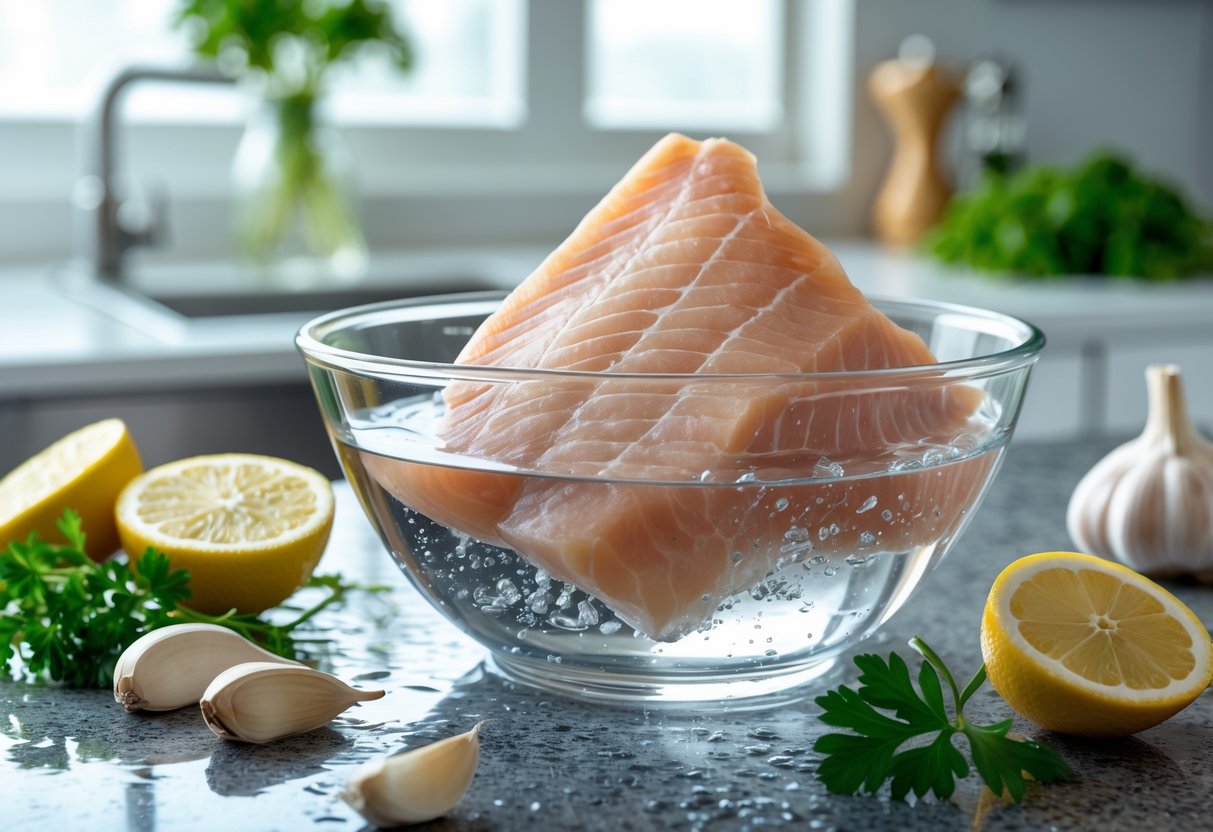 Bacalhau em postas dentro de uma tigela com água, cercado por ingredientes frescos como limão, alho e salsa em uma bancada de cozinha.