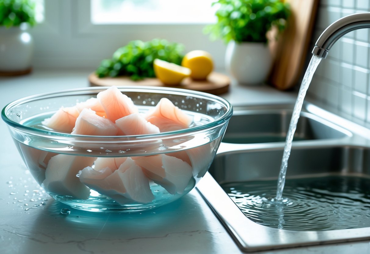 Tigela de vidro com pedaços de bacalhau imersos em água fria em uma cozinha clara e limpa.