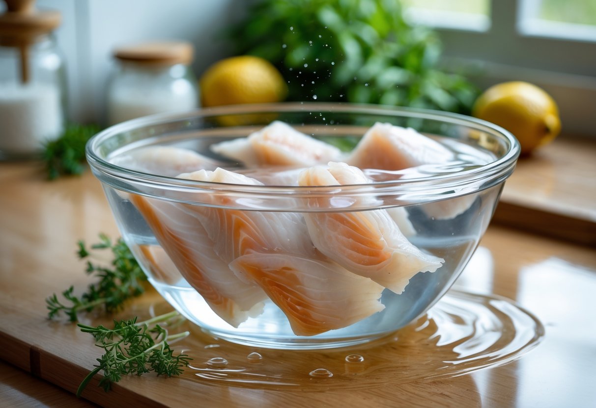Uma tigela de vidro com bacalhau de molho em água sobre uma bancada de cozinha, com luz natural entrando pela janela e elementos de cozinha desfocados ao fundo.