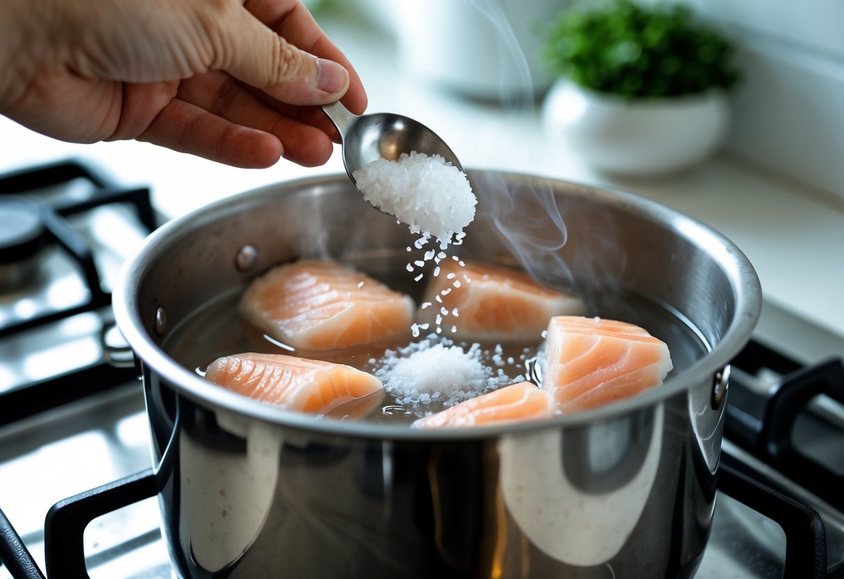 Mão adicionando uma colher de sal em uma panela com água e pedaços de bacalhau na cozinha.