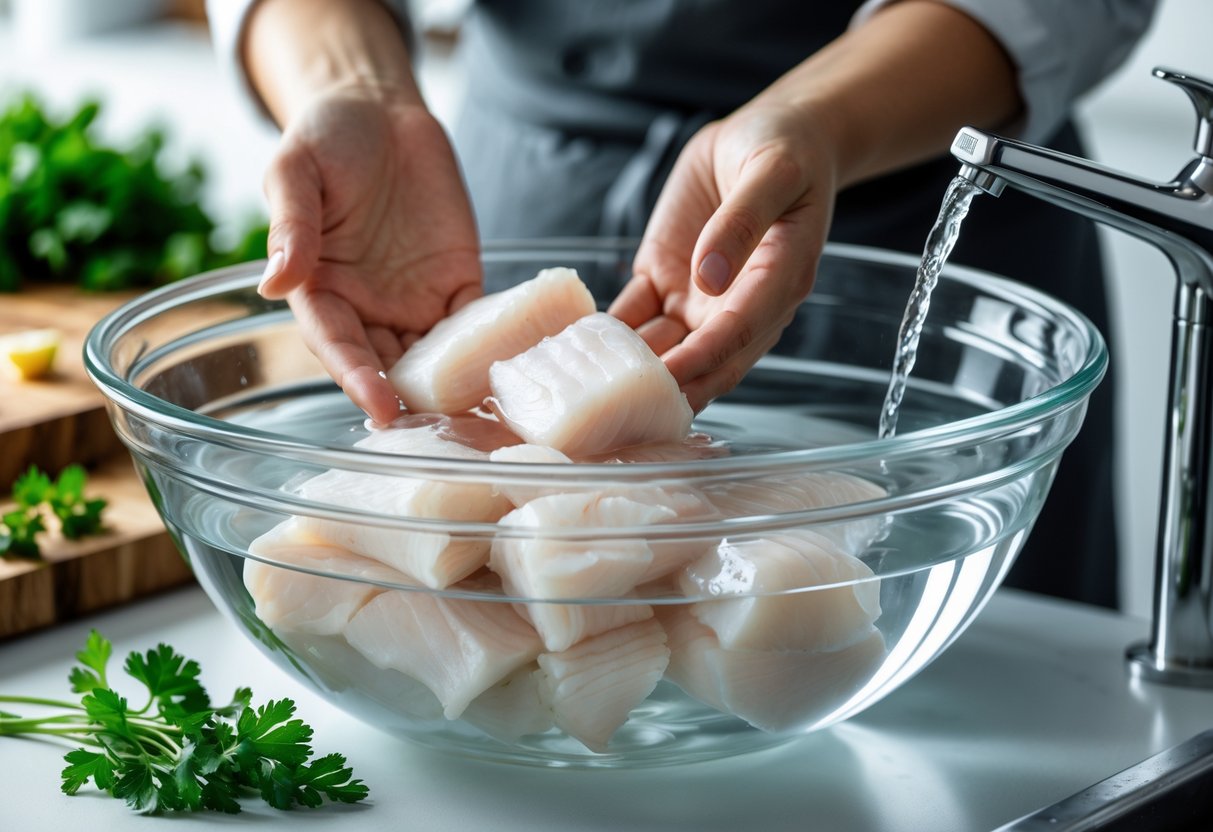 Mãos colocando bacalhau em uma tigela de vidro com água filtrada em uma cozinha limpa.