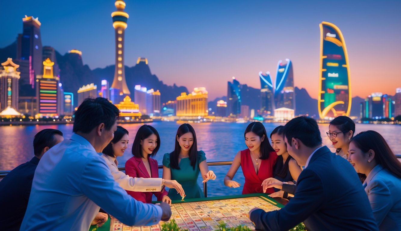 Pemandangan kota Macau yang megah saat senja dengan orang-orang yang sedang mengikuti acara undian dengan suasana meriah.