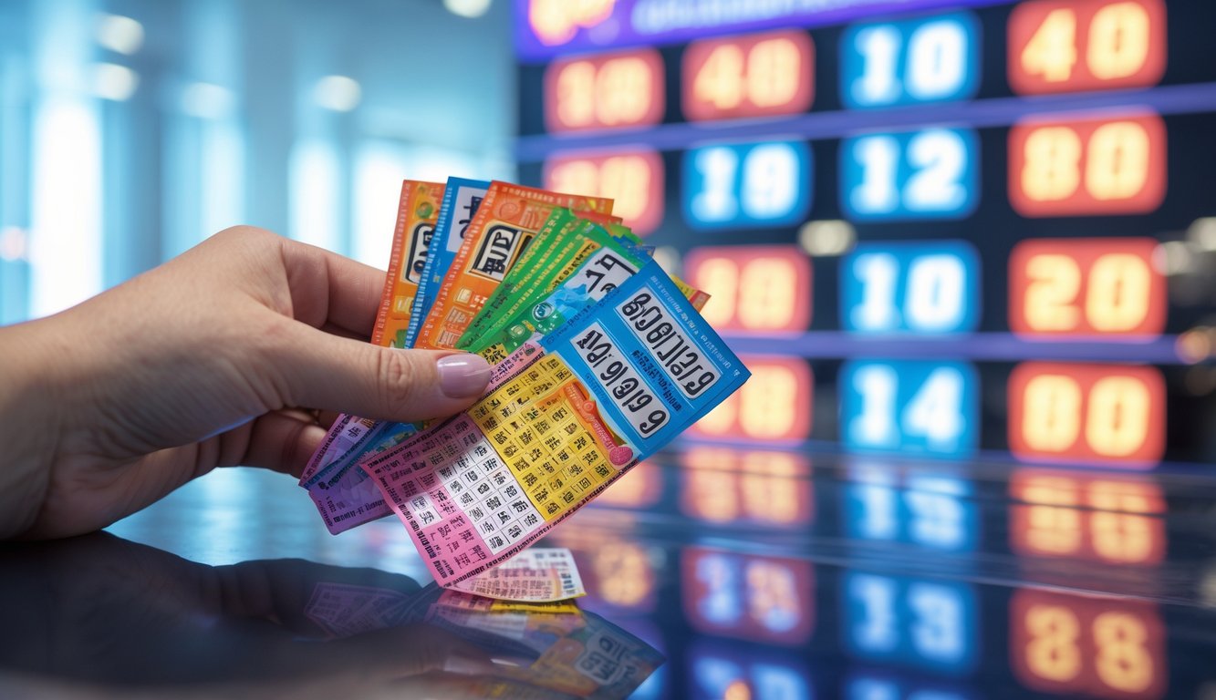 Tangan memegang beberapa tiket lotere berwarna dengan papan angka digital menyala di latar belakang.