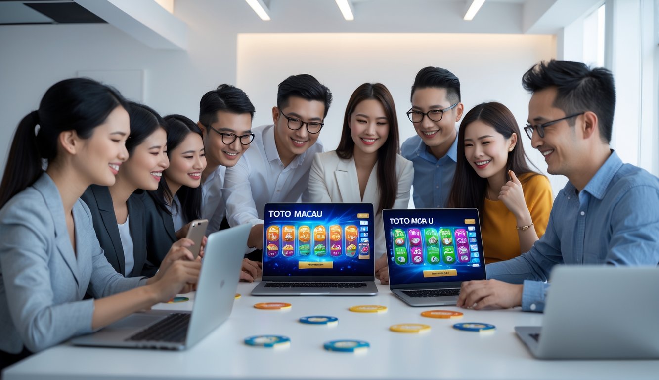 Beberapa orang menggunakan laptop dan ponsel di ruang modern untuk bermain permainan Toto Macau online.