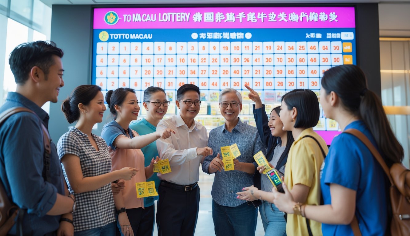 Sekelompok orang dari berbagai usia dan latar belakang berkumpul di sekitar papan hasil lotere digital, menunjukkan suasana antusias dan inklusif.