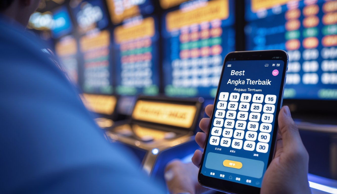 Seseorang memegang tiket lotere dengan latar belakang papan angka dan suasana kasino di Macau.