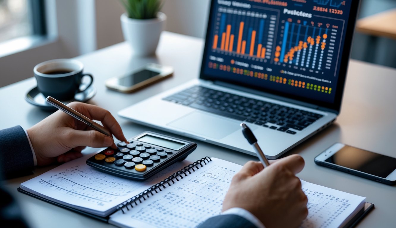 Seseorang sedang menggunakan kalkulator dan mencatat angka di meja kerja dengan laptop yang menampilkan grafik data.