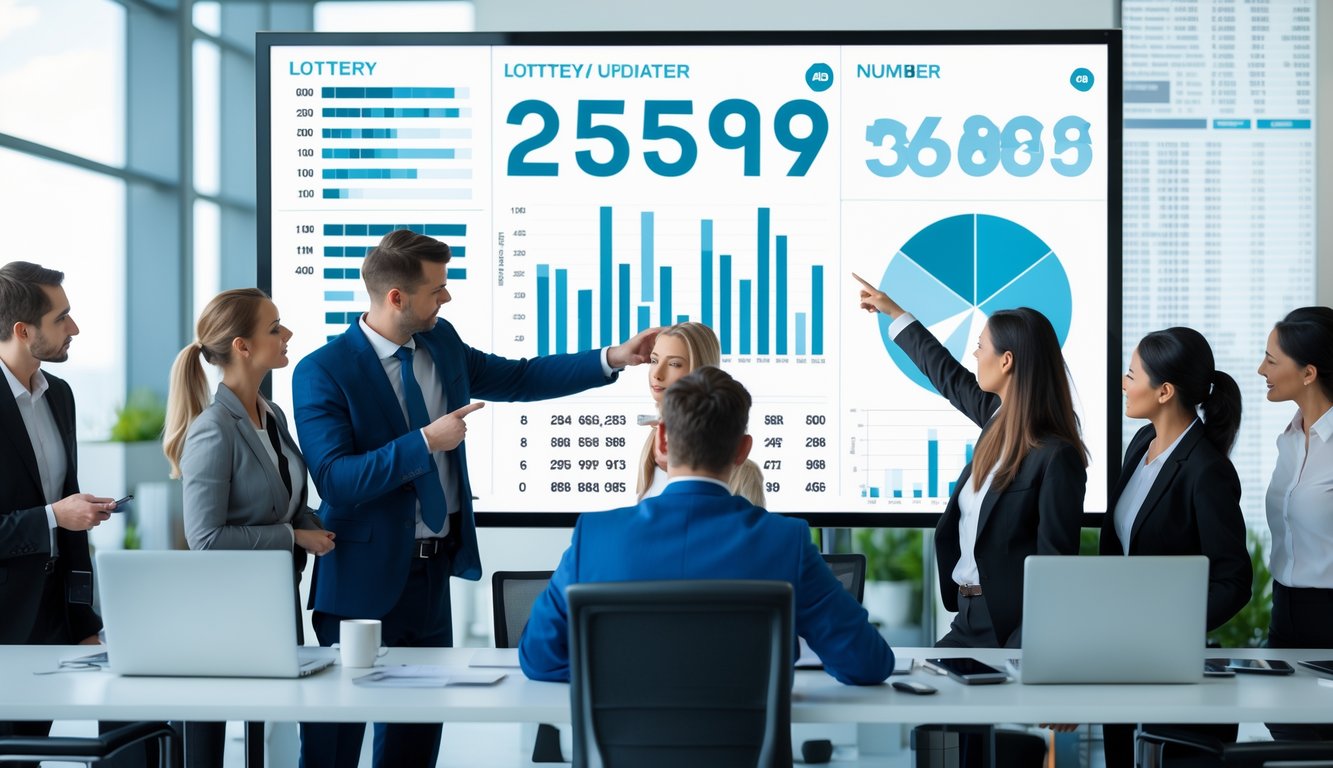 Sekelompok profesional bisnis sedang berdiskusi di kantor modern dengan layar digital menampilkan grafik dan data angka.