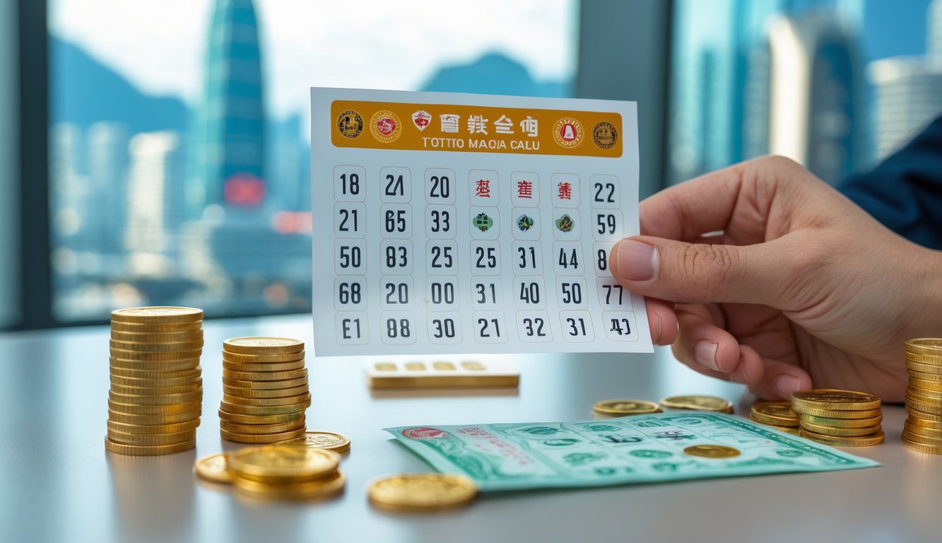 Seseorang memegang tiket lotere Toto Macau di atas meja dengan koin emas dan dadu, latar belakang kota Macau terlihat samar.