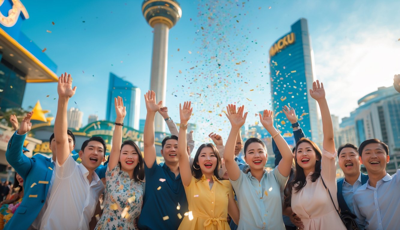 Sekelompok orang merayakan kemenangan hadiah besar di depan latar kota Macau yang ramai dengan gedung pencakar langit dan menara terkenal.