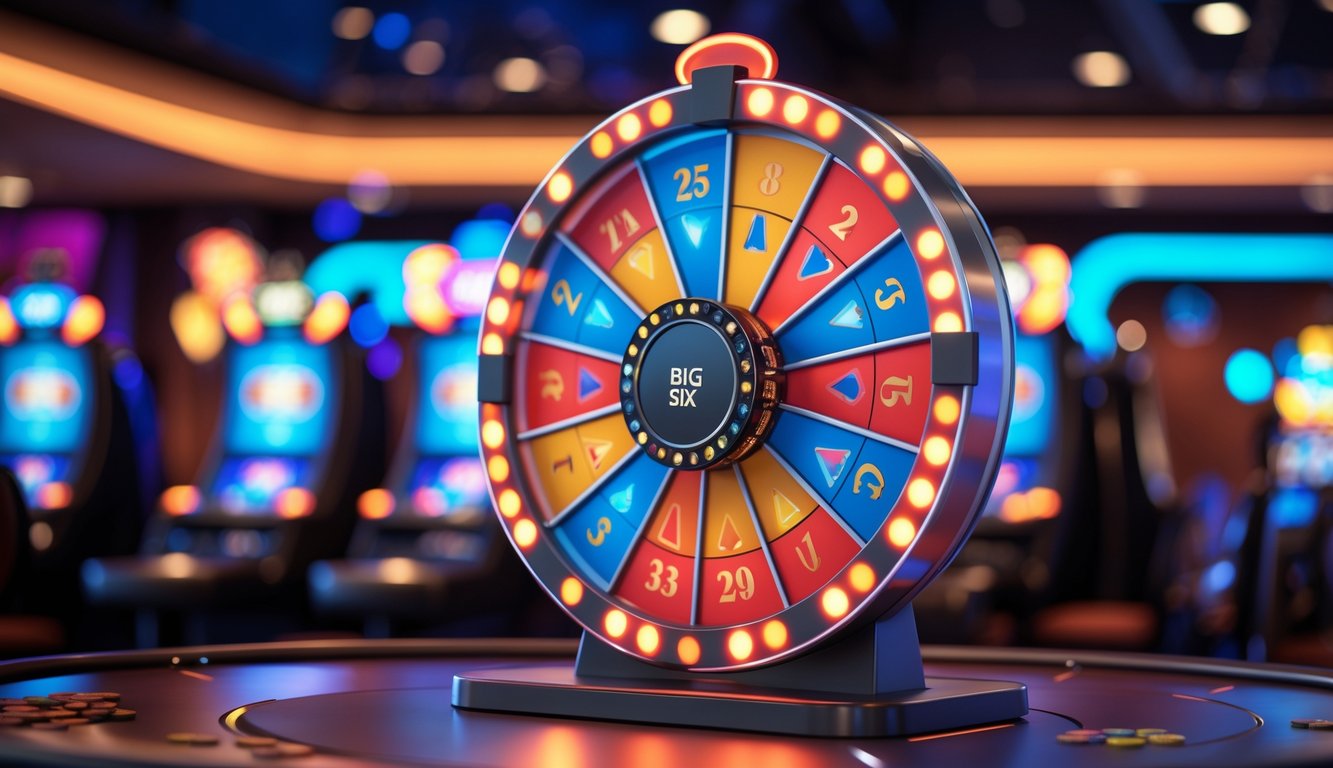 Sebuah roda besar warna-warni yang berputar di lingkungan kasino online dengan lampu neon dan chip kasino di latar belakang.