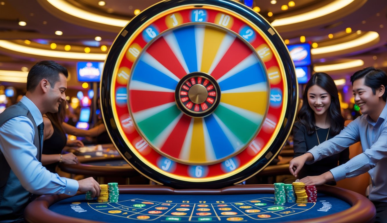 Suasana kasino dengan roda Big Six Wheel berwarna-warni yang sedang berputar dan pemain yang memasang taruhan di sekitarnya.