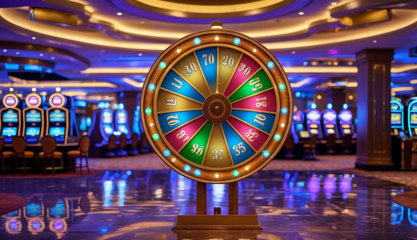 Sebuah roda besar berwarna-warni di kasino yang sedang berputar dengan latar belakang meja permainan dan mesin slot.