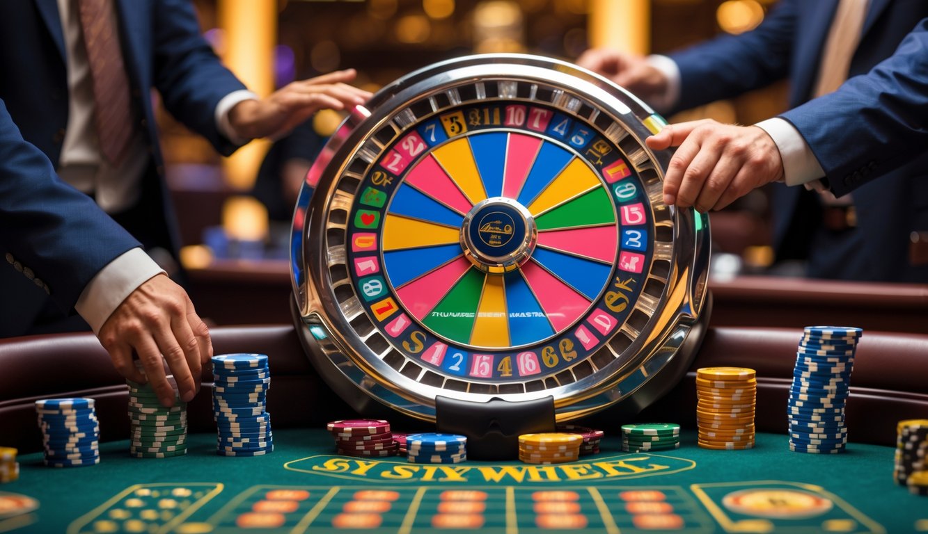 Sebuah roda besar permainan kasino dengan chip dan tangan pemain yang sedang memasang taruhan.
