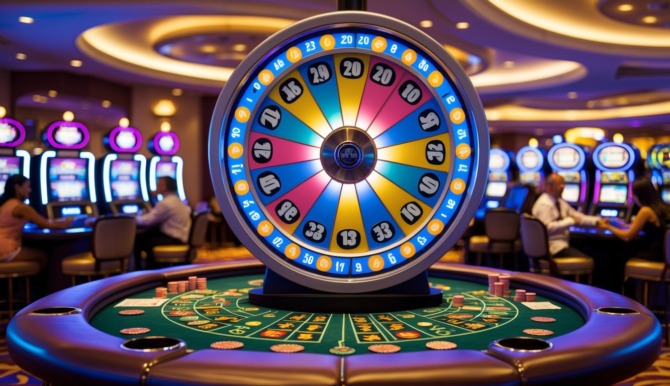 Suasana kasino dengan permainan roda Big Six Wheel dan pemain yang sedang memasang taruhan.