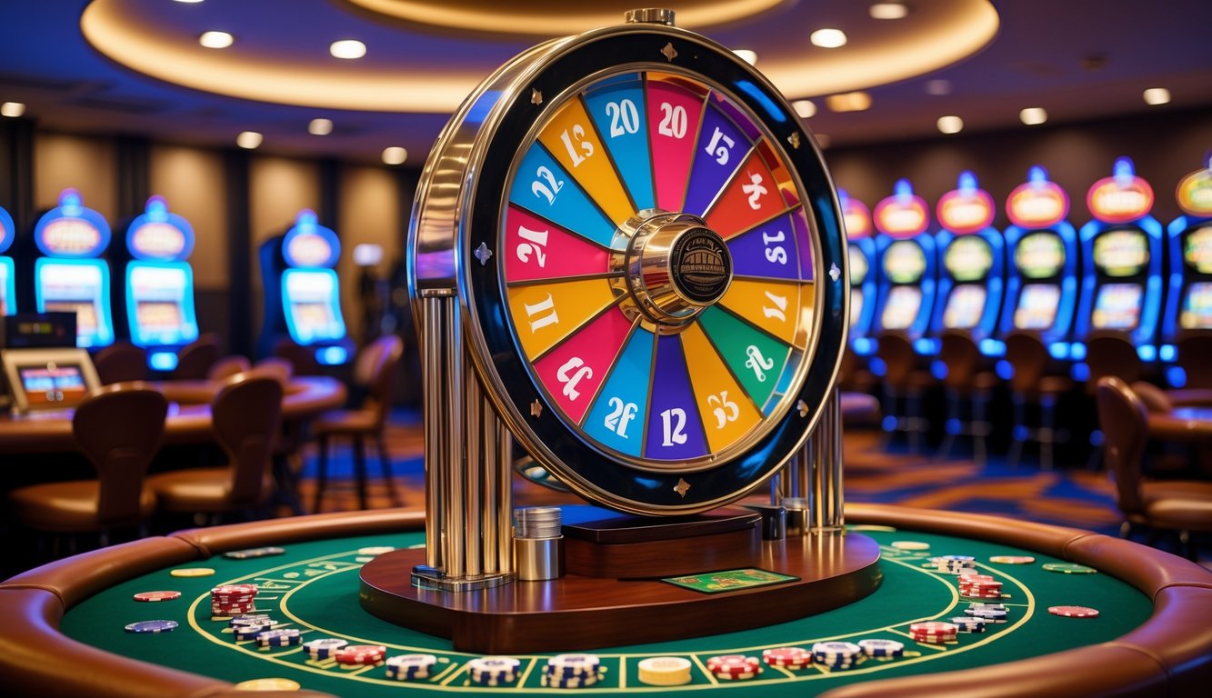 Roda besar kasino dengan angka dan simbol di atas meja hijau, dikelilingi chip kasino dalam suasana kasino.