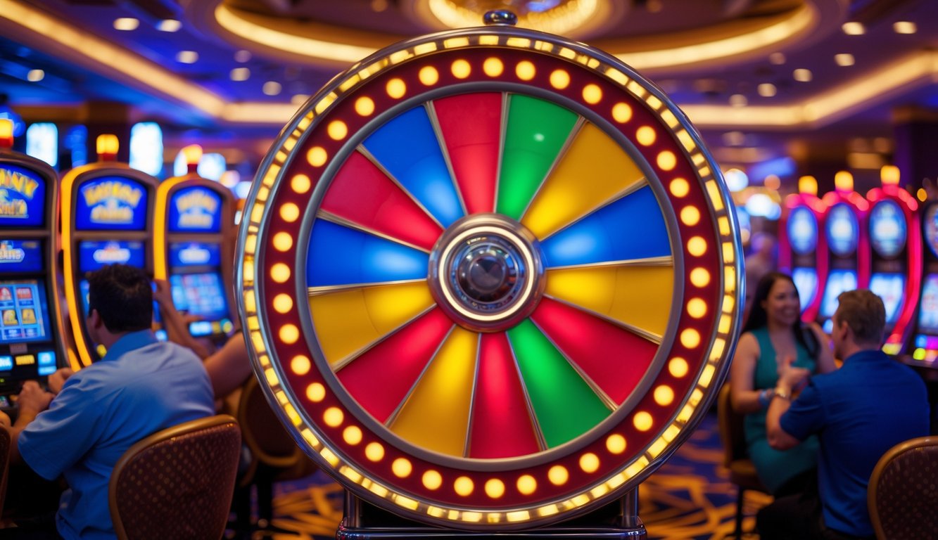 Orang-orang bermain roda Big Six besar di kasino dengan suasana yang ramai dan penuh semangat.