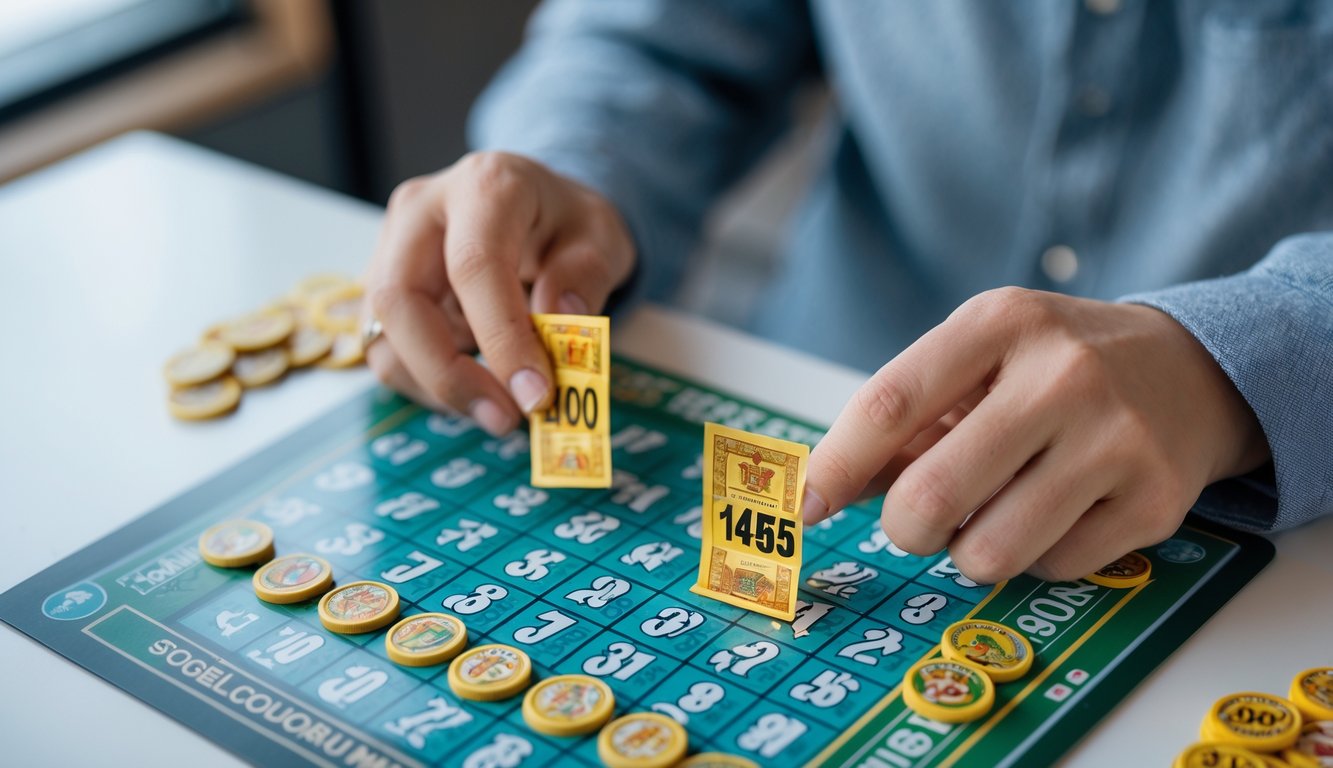 Seseorang sedang bermain Togel Colok Macau dengan tangan memegang tiket dan meletakkan taruhan pada papan permainan.