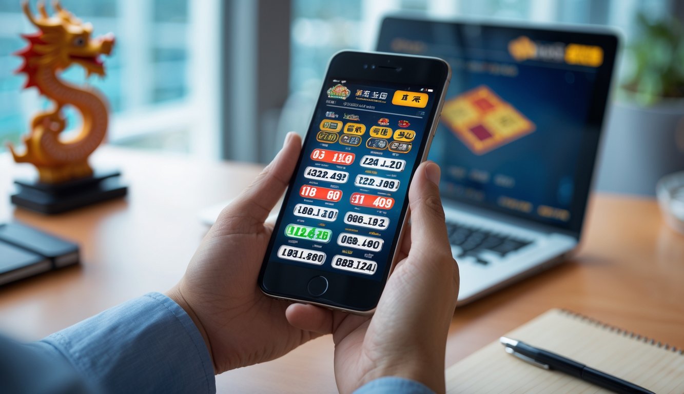 Tangan seseorang memegang ponsel yang menampilkan aplikasi taruhan lotere dengan latar belakang kantor modern dan dekorasi bertema Asia.