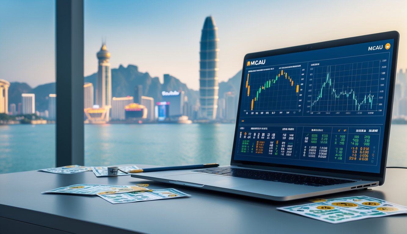 Meja kantor modern dengan laptop menampilkan grafik dan angka, tiket lotre tersebar, dan latar belakang pemandangan kota Macau dengan menara dan gedung kasino.