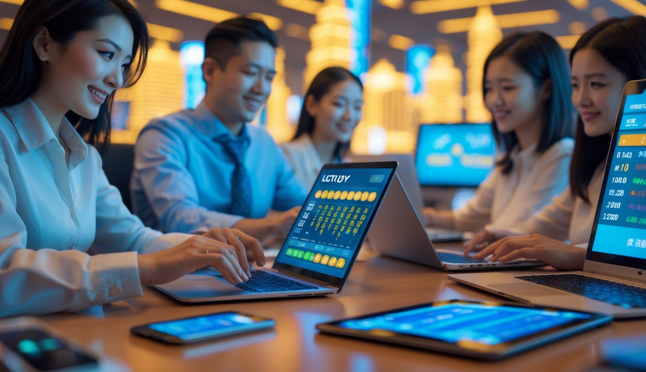 Beberapa orang menggunakan perangkat digital di kantor modern dengan latar kota Macau yang samar, fokus pada aktivitas permainan lotere online.