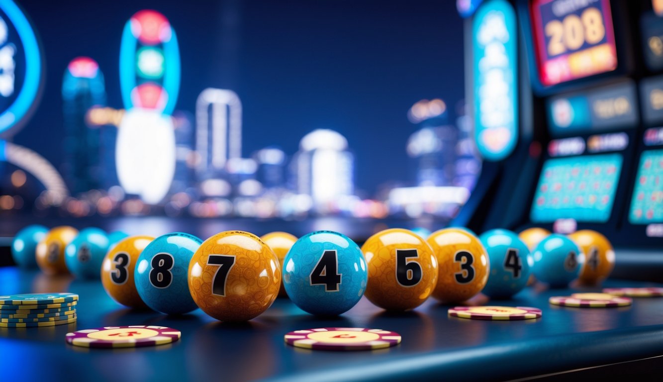 Pemandangan dekat bola lotere bernomor di atas meja dengan latar belakang kota Macau dan lampu neon.