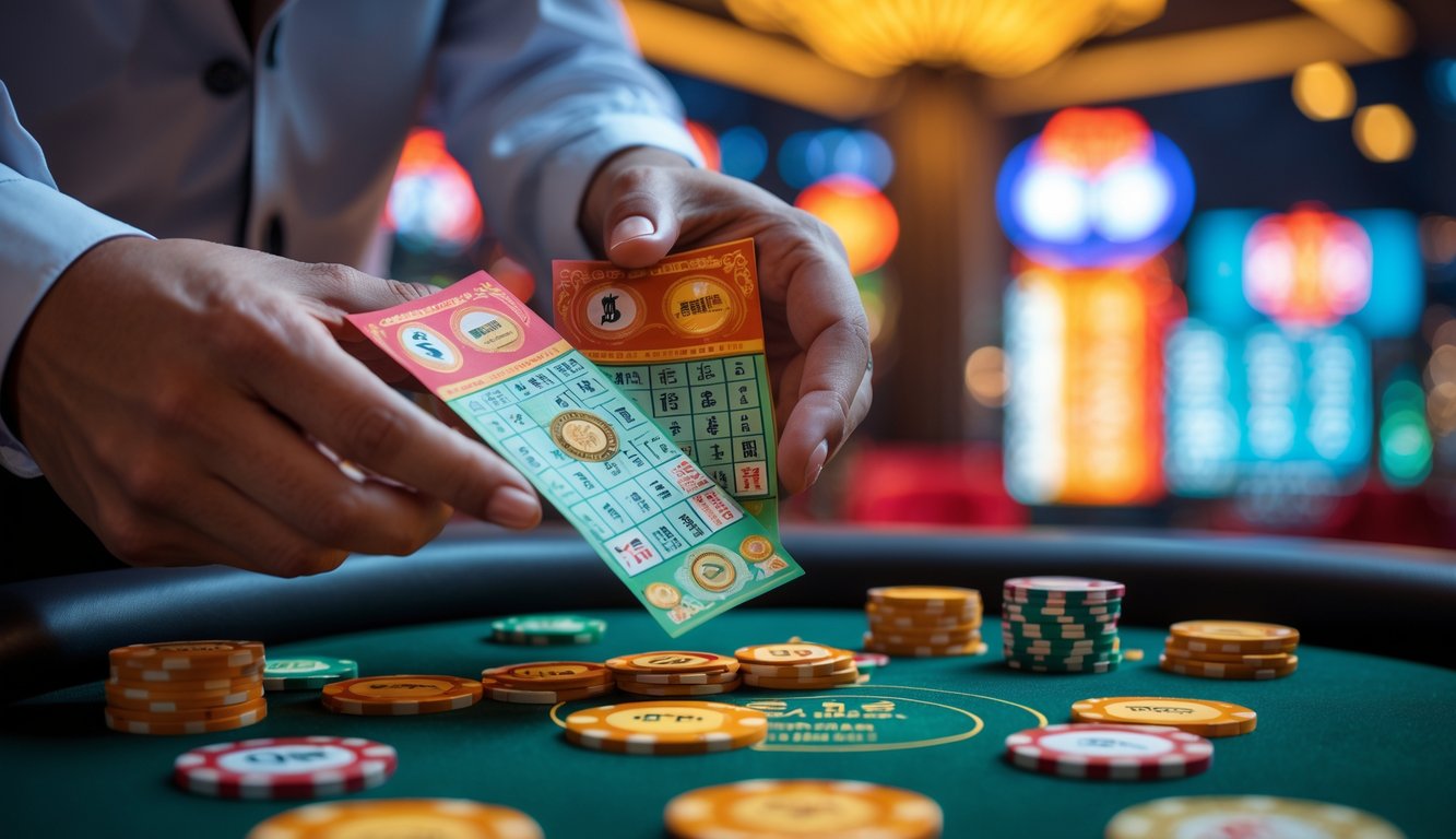 Tangan seseorang memegang tiket lotere dan menaruh chip berwarna-warni di meja permainan dengan latar belakang pemandangan kota Macau yang bercahaya.