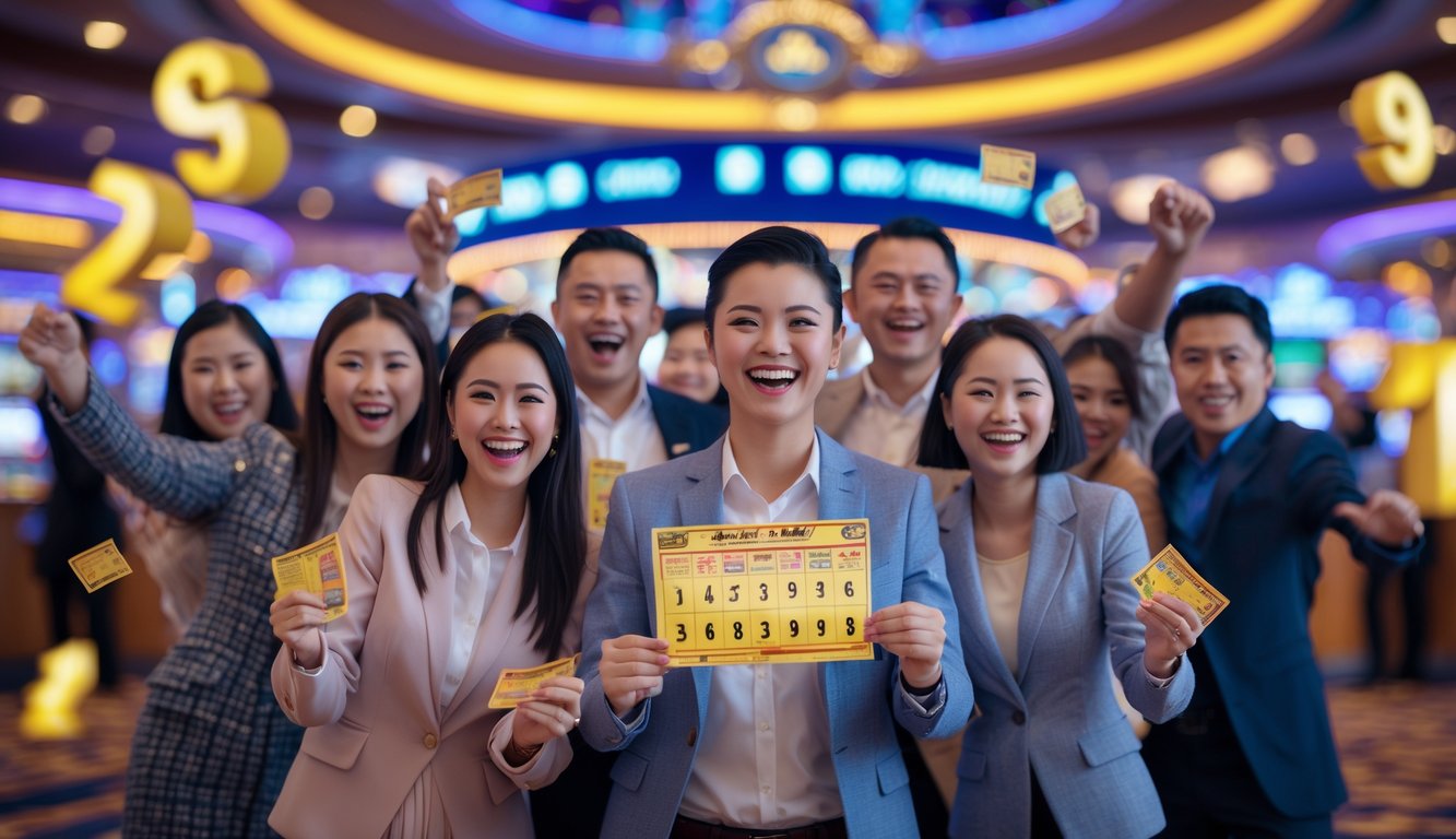 Sekelompok orang merayakan kemenangan besar lotere di lingkungan kasino yang mewah dengan lampu warna-warni dan suasana meriah.