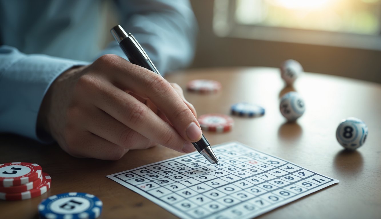 Tangan seseorang memegang pena di atas tiket lotre dengan bola bernomor di atas meja kayu.