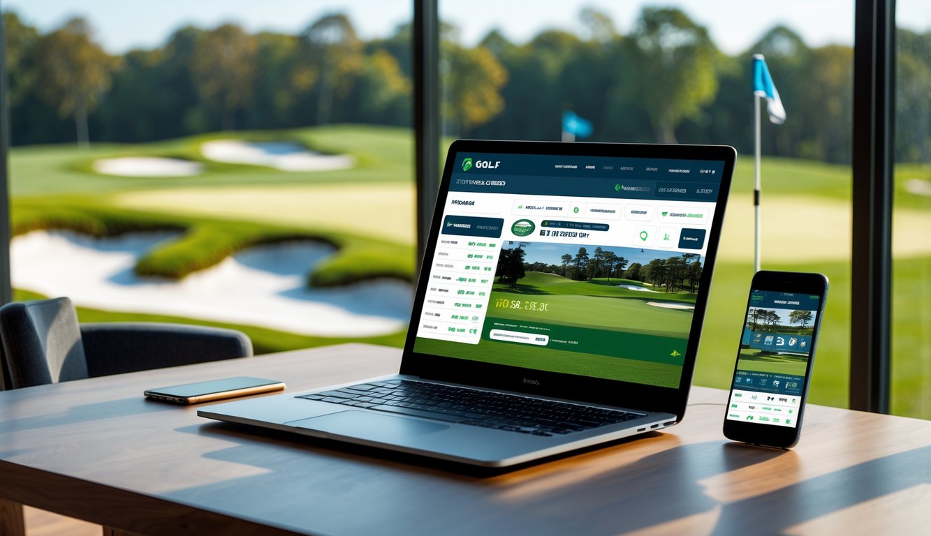 Seorang pria menggunakan laptop dan ponsel di meja dengan pemandangan lapangan golf di luar jendela.