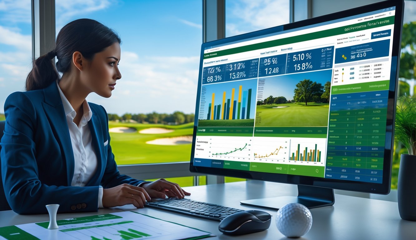 Seorang pria dan wanita sedang menganalisis statistik golf di depan komputer dengan latar belakang lapangan golf hijau.