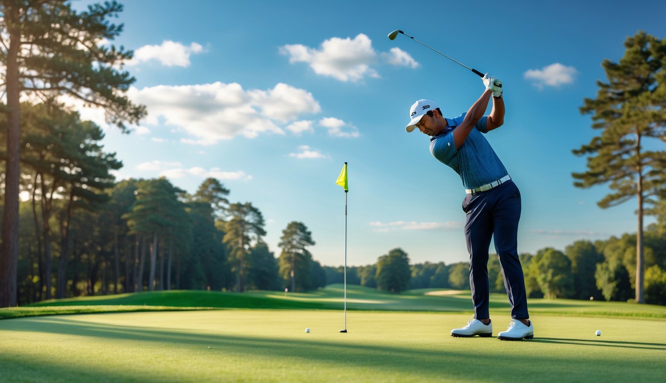 Seorang pemain golf sedang mengayunkan tongkat golf di lapangan golf yang hijau dengan latar belakang pepohonan dan langit biru.