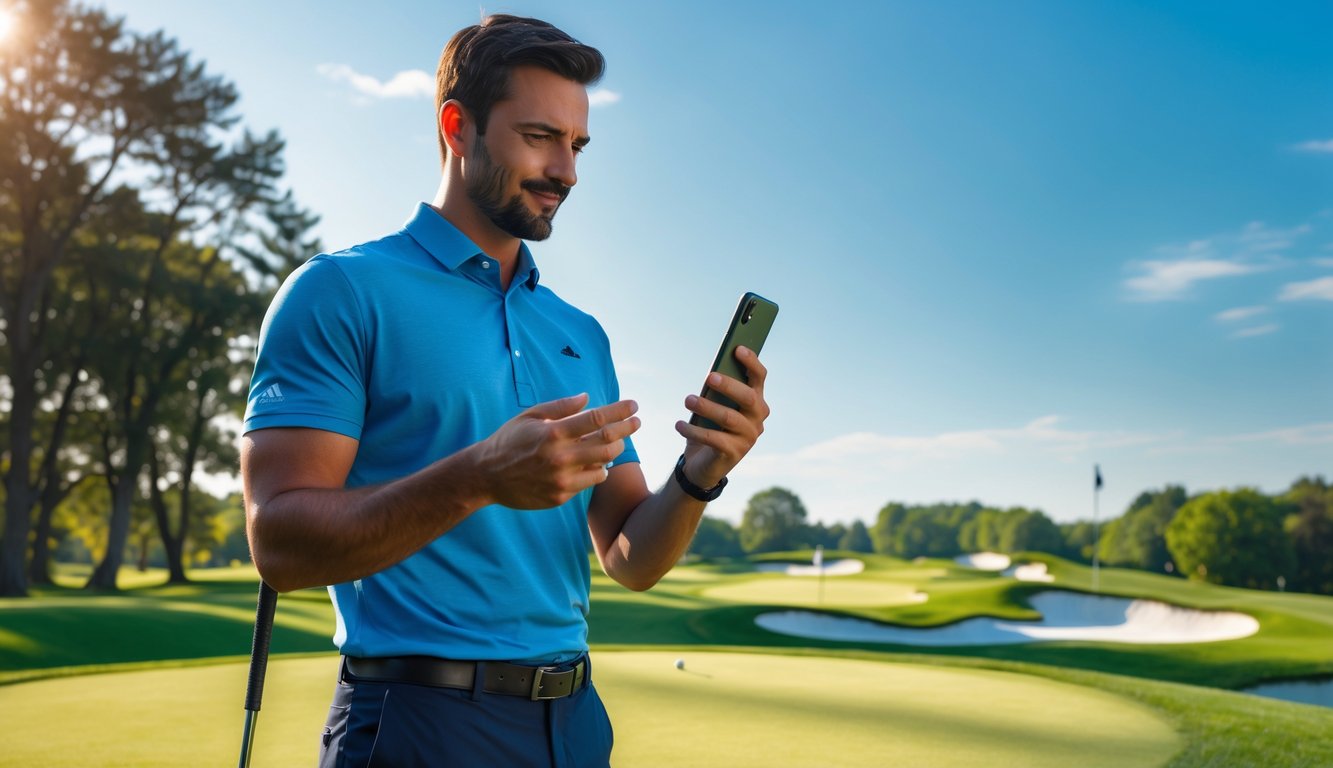 Seorang pria berdiri di lapangan golf hijau dengan tongkat golf dan ponsel, tampak sedang berpikir.