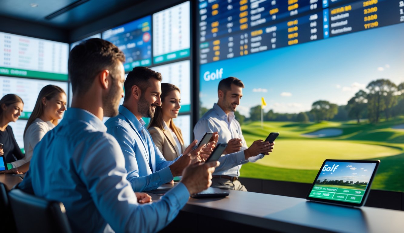 Orang-orang memasang taruhan golf di sportsbook dengan layar besar menampilkan pertandingan golf langsung.