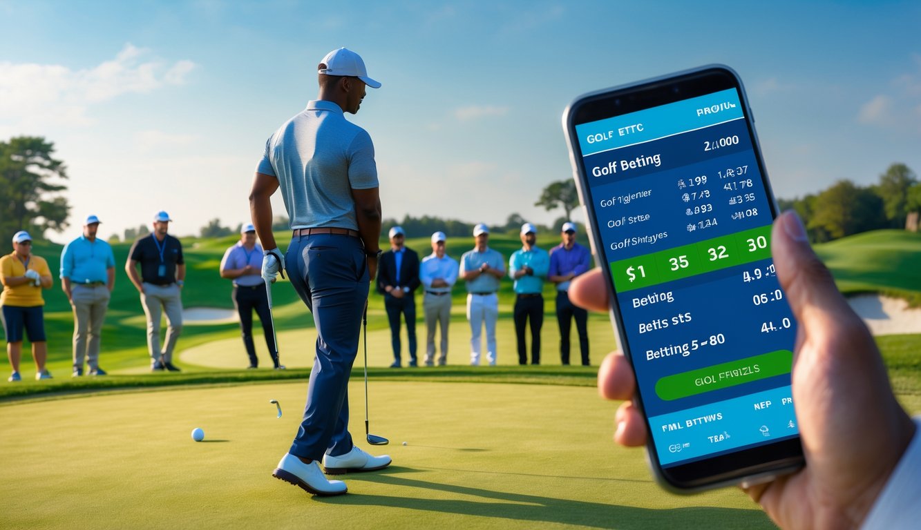 Seorang pria memegang tongkat golf di lapangan golf yang hijau dengan orang-orang lain yang memperhatikan dan perangkat digital menampilkan informasi taruhan.