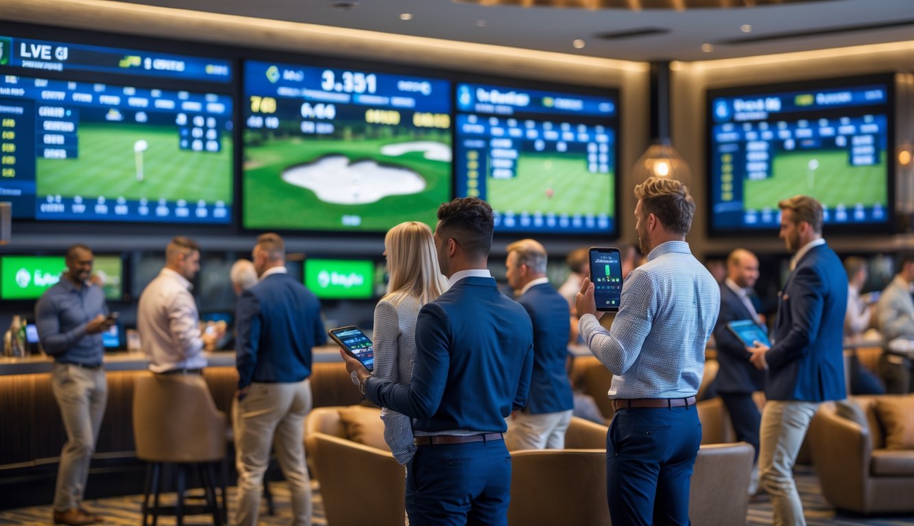 Beberapa orang sedang menonton dan bertaruh pada pertandingan golf secara langsung di sebuah ruang taruhan olahraga modern.