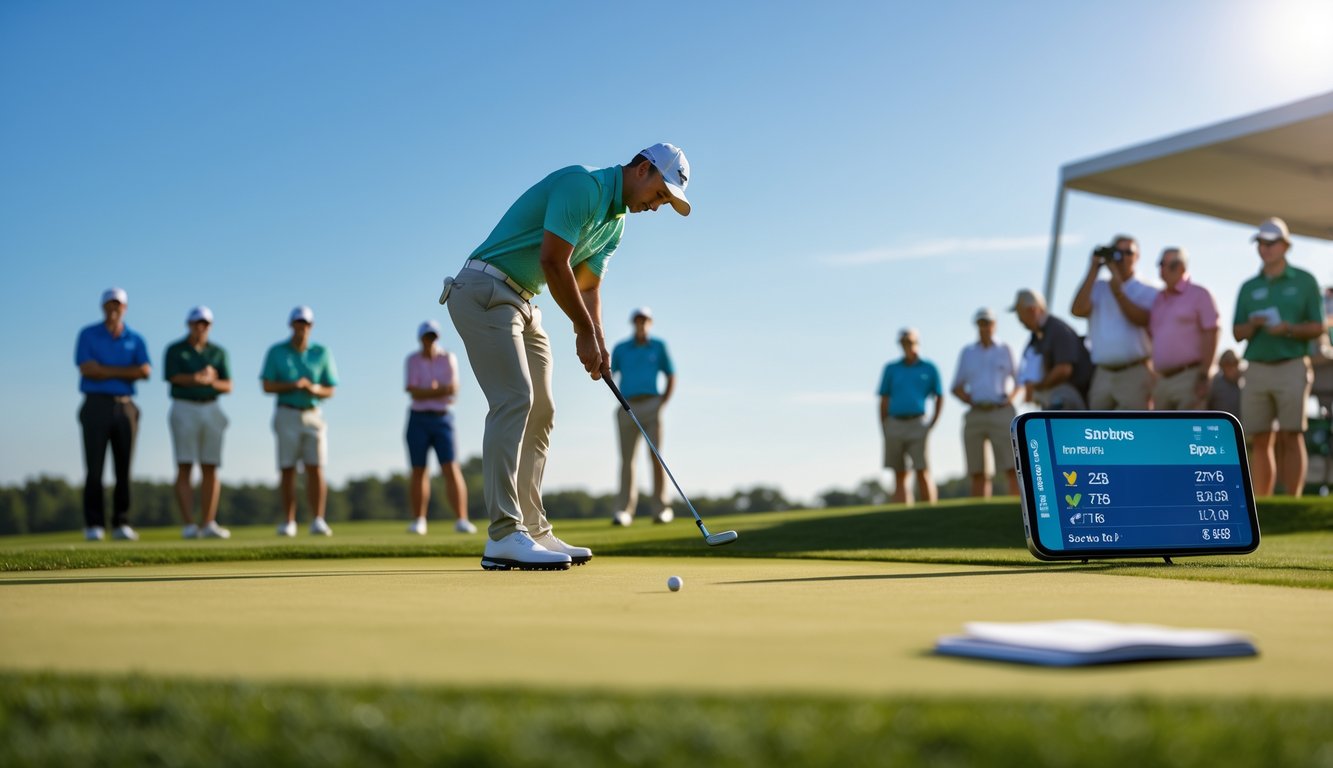 Seorang pegolf sedang bersiap melakukan ayunan di lapangan golf dengan penonton yang memperhatikan di latar belakang.