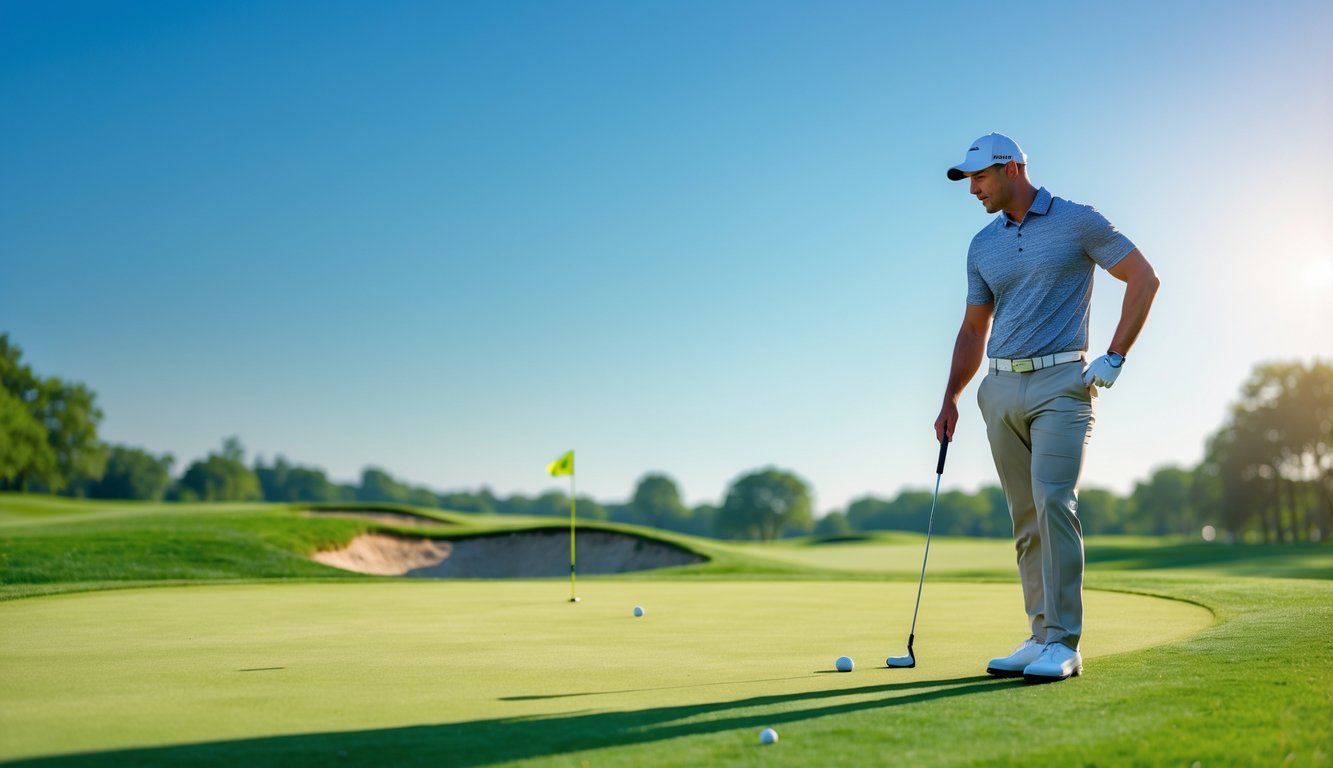 Seorang pegolf berdiri di lapangan golf hijau sambil memegang stik golf dan melihat ke arah lapangan dengan fokus.