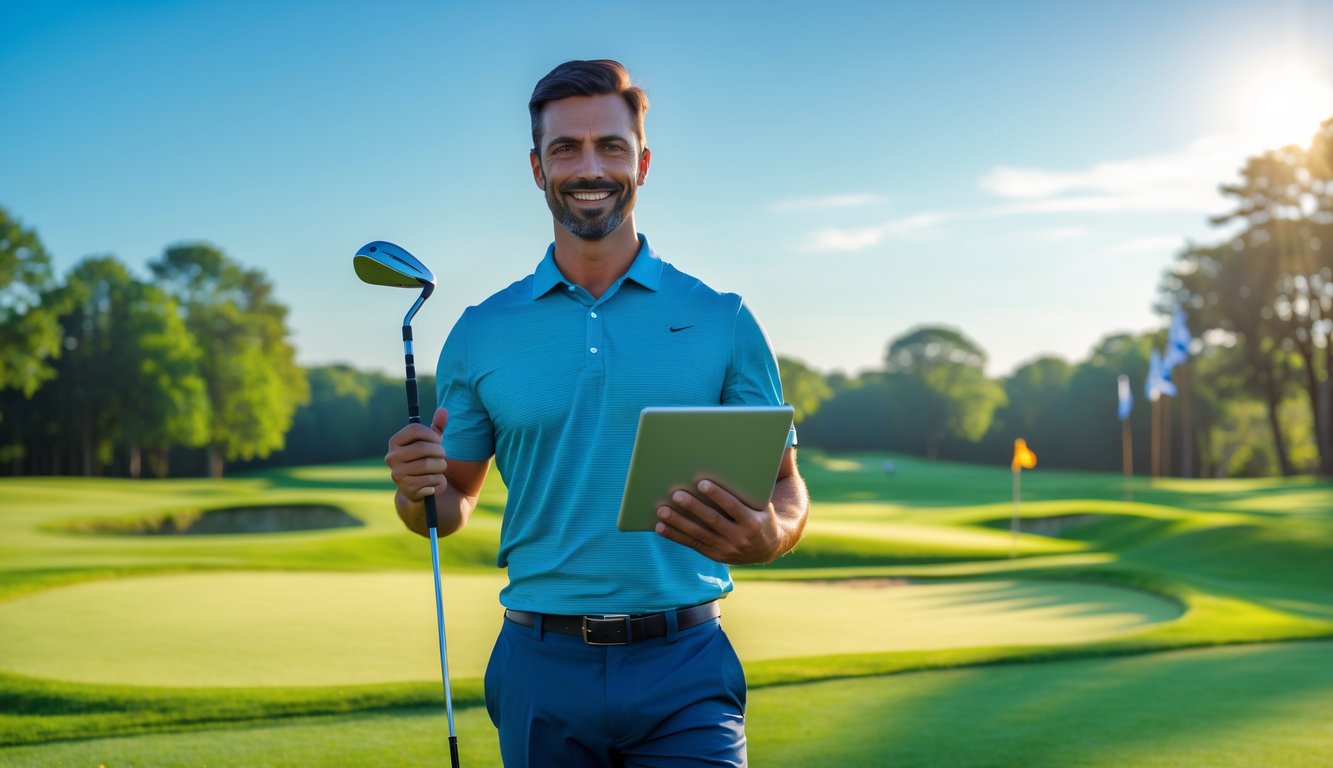 Seorang pria berdiri di lapangan golf hijau memegang tongkat golf dan tablet digital.