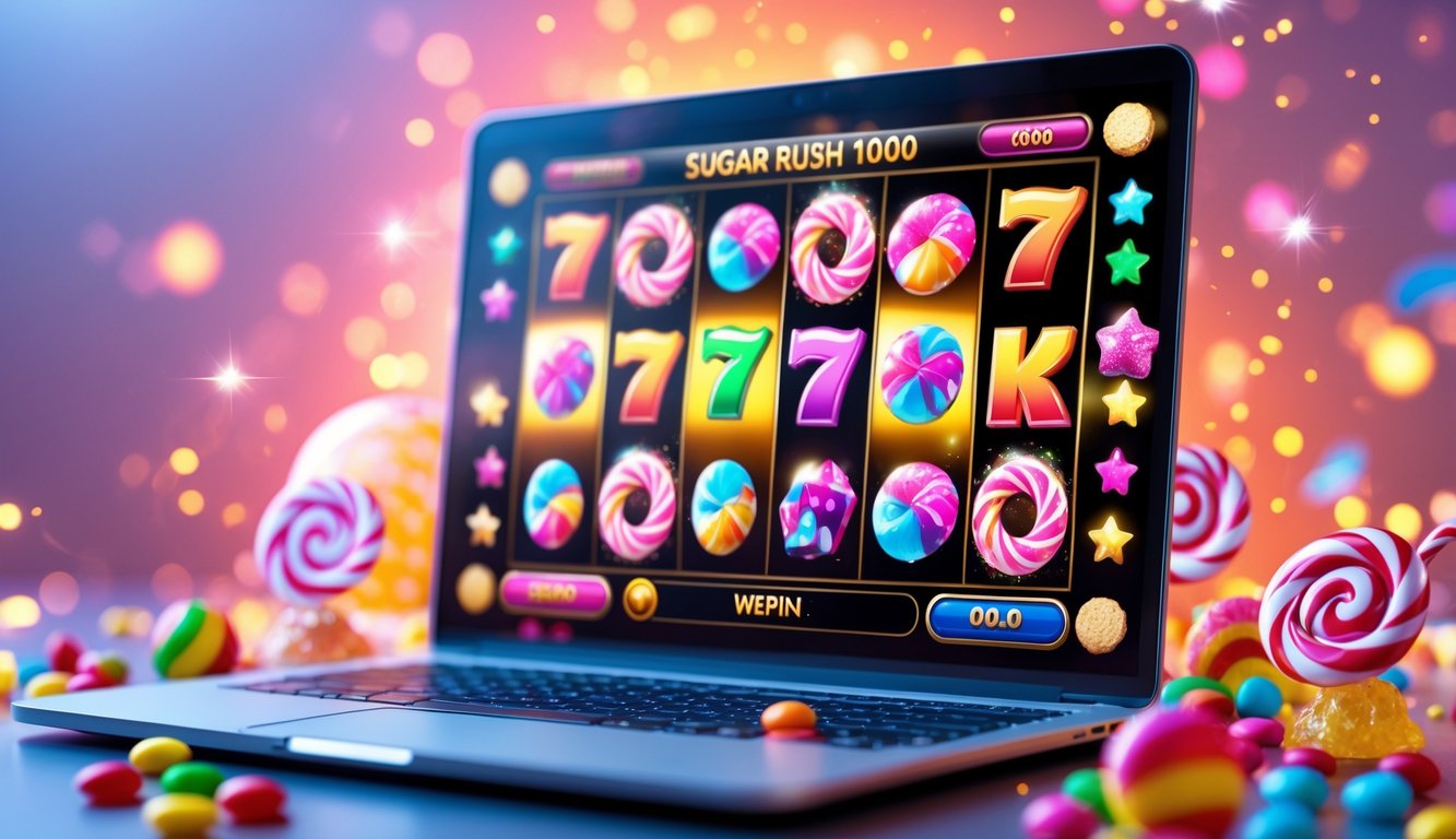 Layar komputer menampilkan permainan slot online dengan simbol permen berwarna-warni dan latar belakang cerah.