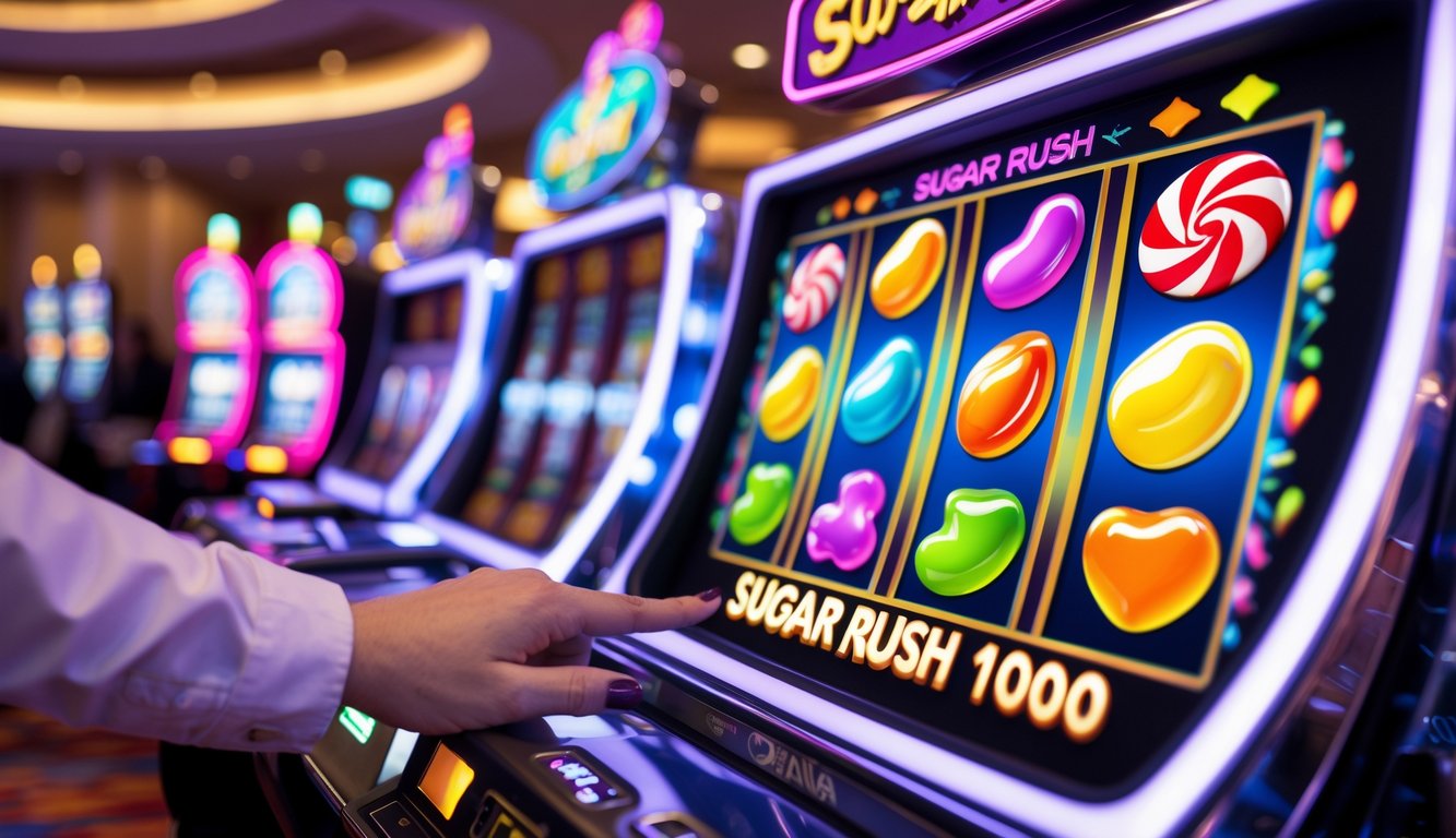 Seorang pemain sedang bermain mesin slot bertema permen berwarna cerah di kasino.