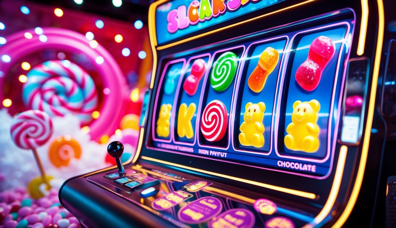 Mesin slot berwarna cerah dengan simbol permen di latar belakang penuh permen besar dan lampu berkilau.