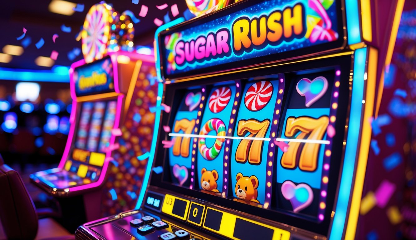 Mesin slot warna-warni dengan simbol permen dan efek kembang api yang menunjukkan kemenangan jackpot besar.