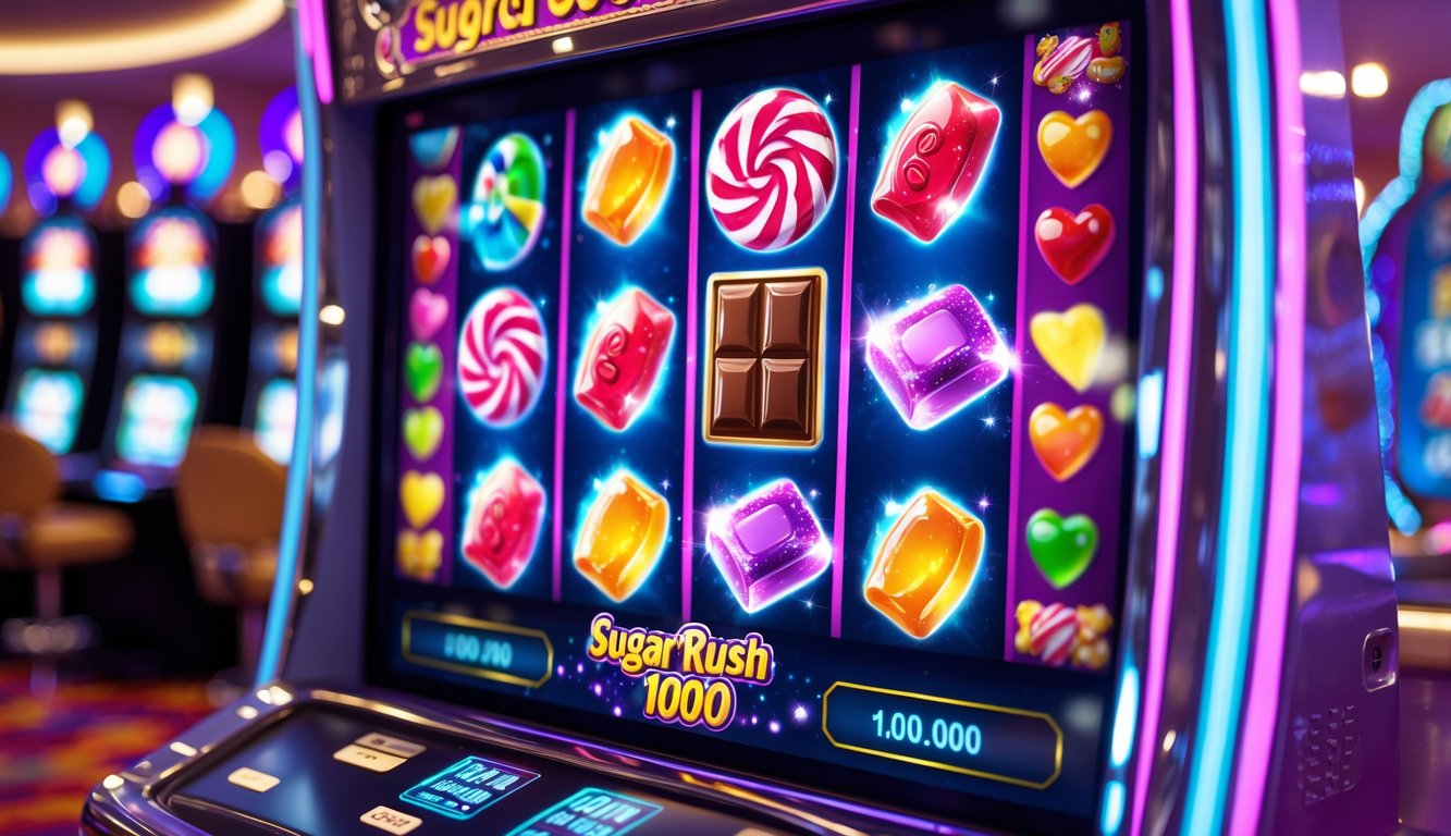 Mesin slot dengan tema permen berwarna cerah di dalam kasino yang ramai.