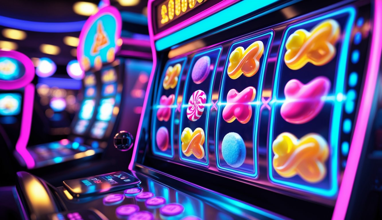 Mesin slot kasino dengan simbol permen berwarna-warni dan lampu neon yang menyala, menampilkan suasana penuh semangat dan kegembiraan.