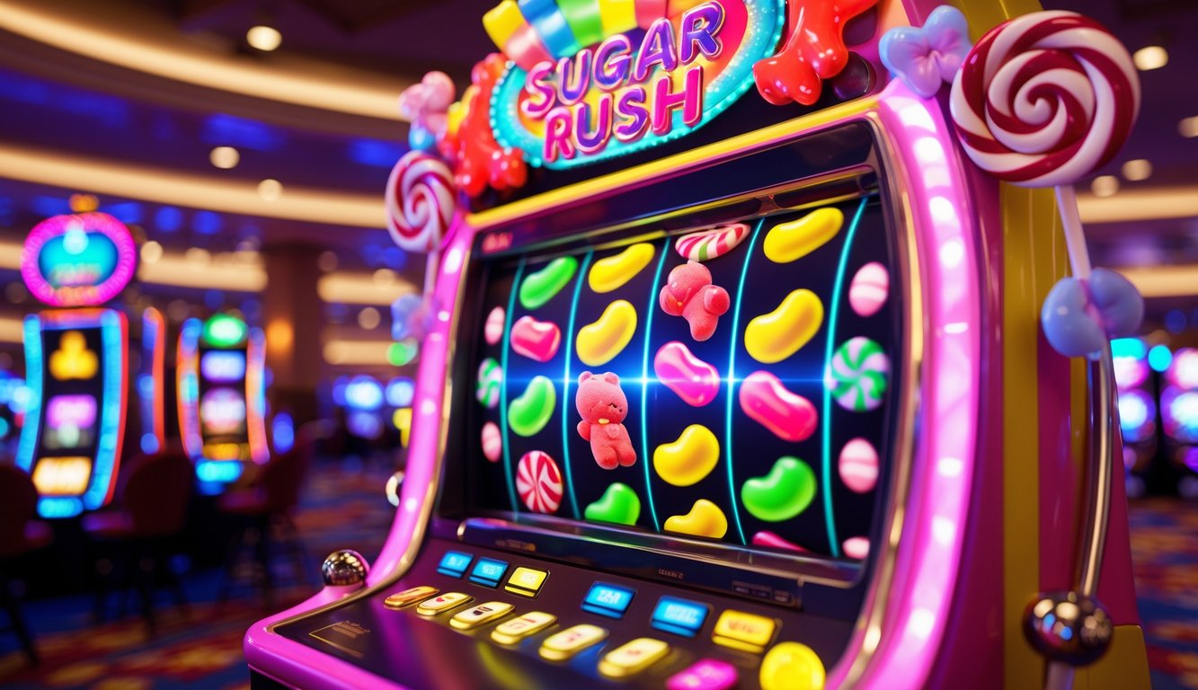 Mesin slot berwarna-warni dengan tema permen yang sedang berputar di dalam kasino.