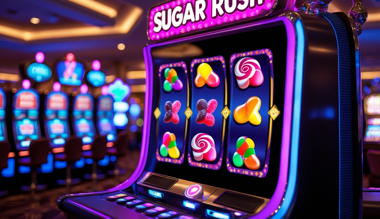 Mesin slot dengan tema permen berwarna cerah di lantai kasino yang ramai.